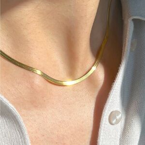 Elegant Herringbone Necklace, Yellow Gold Plated Stainless Steel for Women. 18”